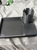 Actual black PLA Z Tray prototype with rook pen cup and covered tray; final launch kit and new attachments are still being validated.
