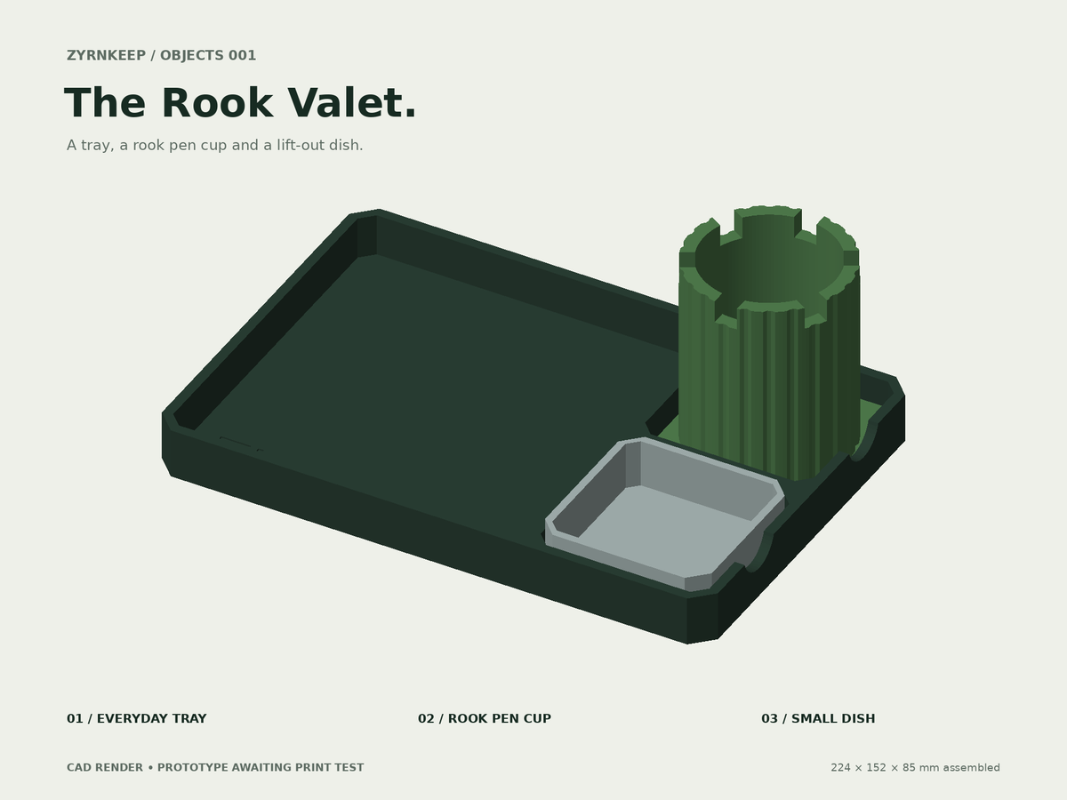 CAD view of the original Z Tray organizer geometry. See the separate photo for the printed PLA prototype; new attachments and final launch contents remain in development.